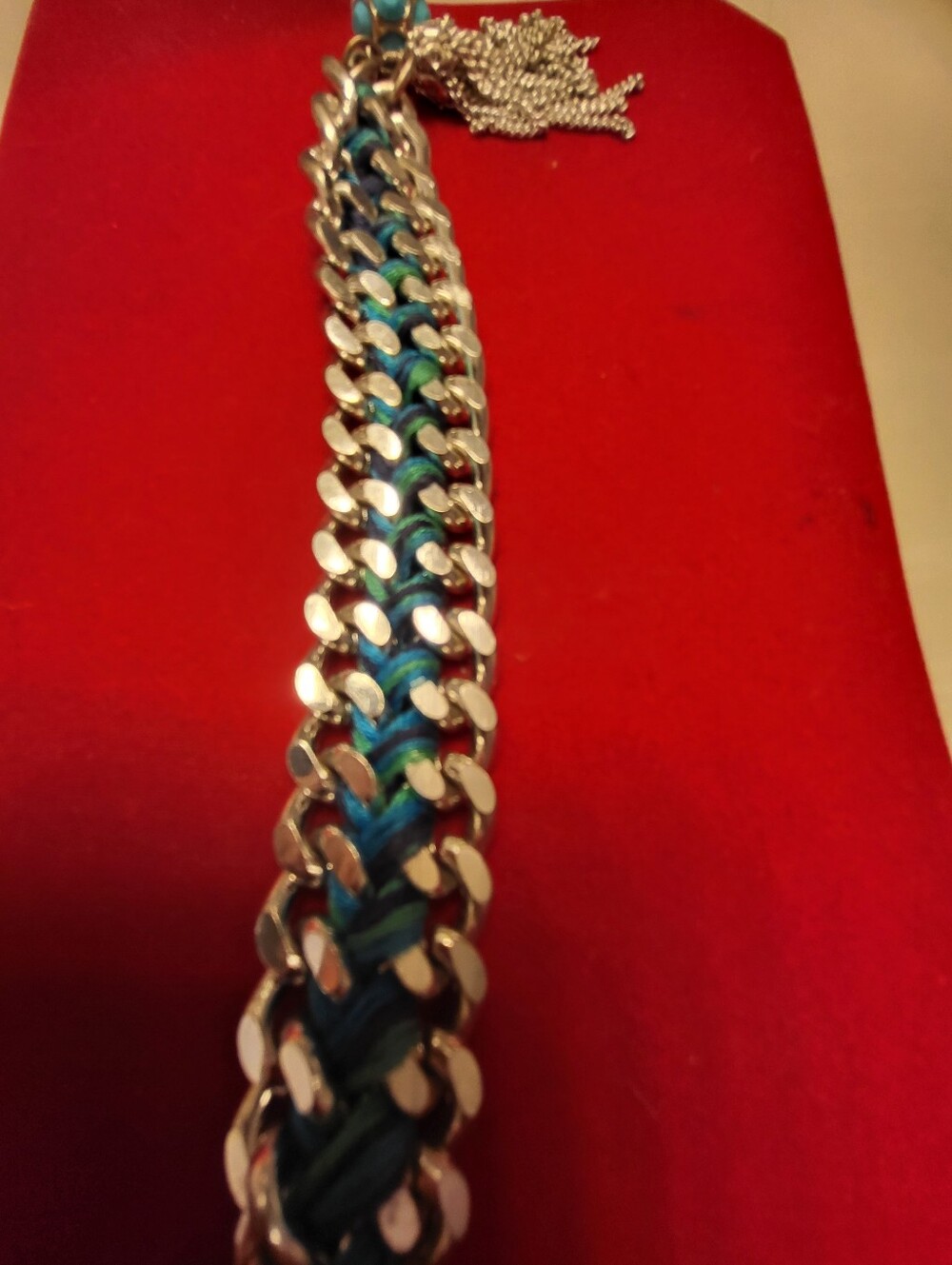 HANDMADE Silver Chain Bracelet with Blue Braided Accent And Charms